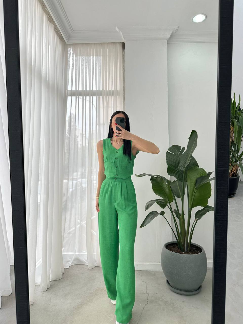 Women Sleeveless Top Long Pants Set Button Closure Wide Leg Summer Sleeveless 2 Piece Outfit Soft Polyester V Neck Casual Outing Outfits - TK00061