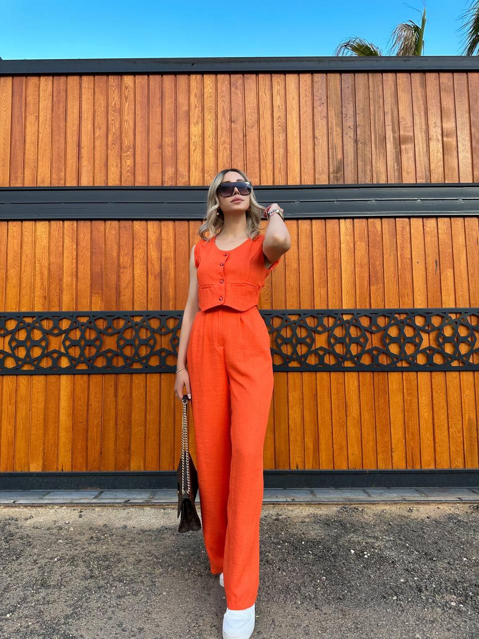 Women Sleeveless Top Long Pants Set Button Closure Wide Leg Summer Sleeveless 2 Piece Outfit Soft Polyester V Neck Casual Outing Outfits - TK00061