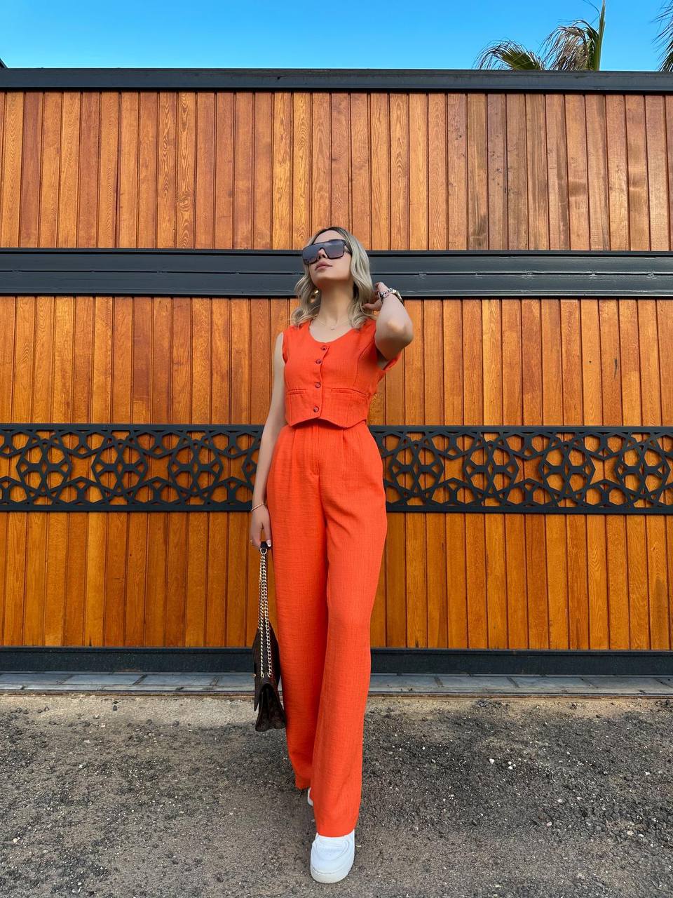 Women Sleeveless Top Long Pants Set Button Closure Wide Leg Summer Sleeveless 2 Piece Outfit Soft Polyester V Neck Casual Outing Outfits - TK00061