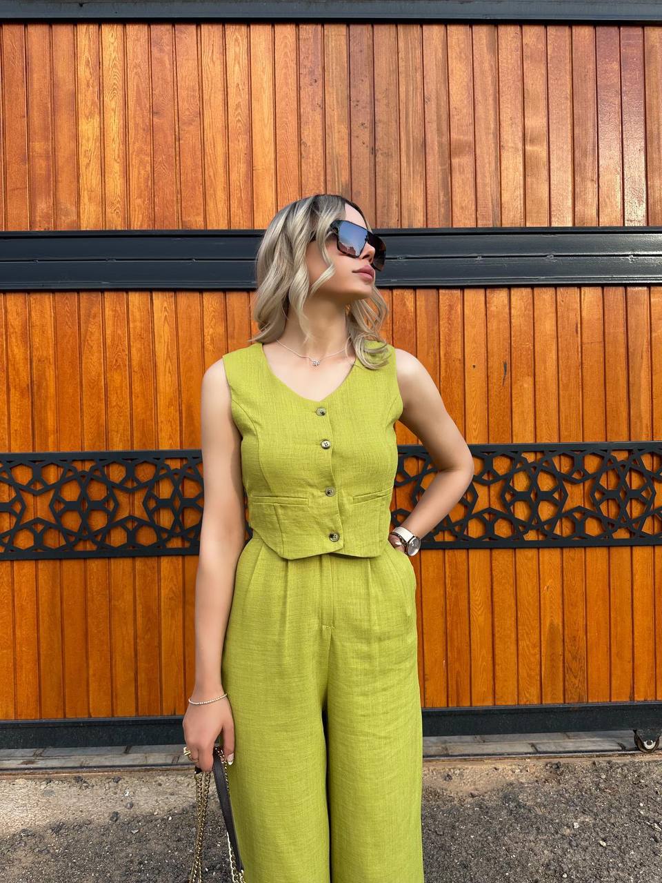 Women Sleeveless Top Long Pants Set Button Closure Wide Leg Summer Sleeveless 2 Piece Outfit Soft Polyester V Neck Casual Outing Outfits - TK00061