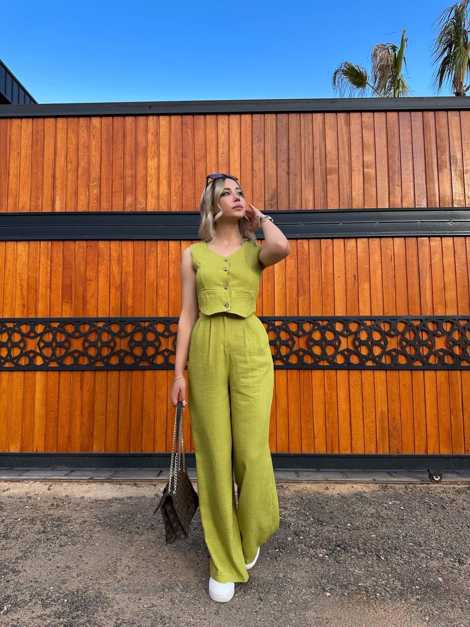 Women Sleeveless Top Long Pants Set Button Closure Wide Leg Summer Sleeveless 2 Piece Outfit Soft Polyester V Neck Casual Outing Outfits - TK00061