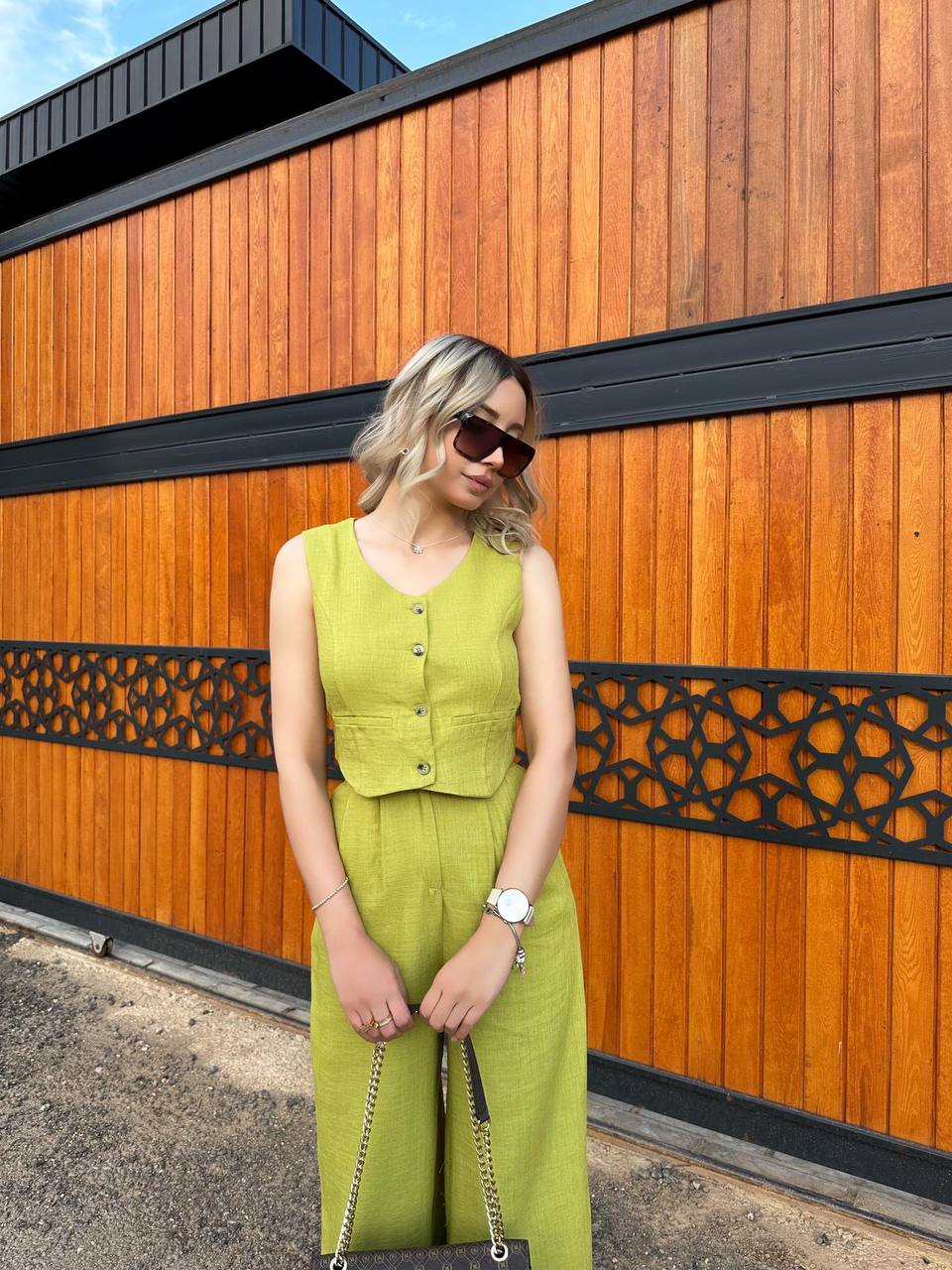 Women Sleeveless Top Long Pants Set Button Closure Wide Leg Summer Sleeveless 2 Piece Outfit Soft Polyester V Neck Casual Outing Outfits - TK00061