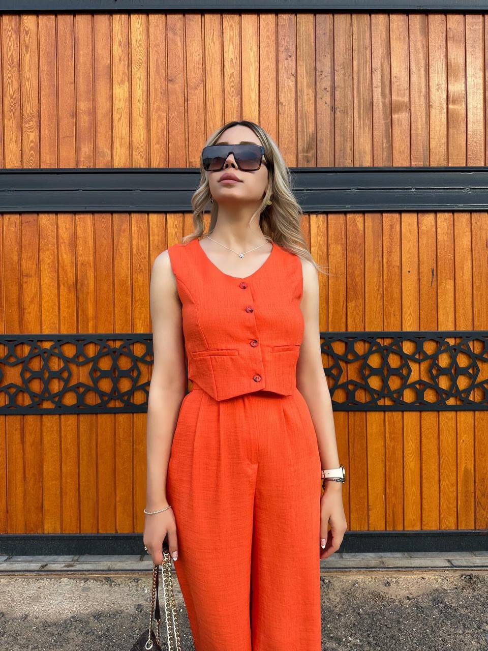 Women Sleeveless Top Long Pants Set Button Closure Wide Leg Summer Sleeveless 2 Piece Outfit Soft Polyester V Neck Casual Outing Outfits - TK00061