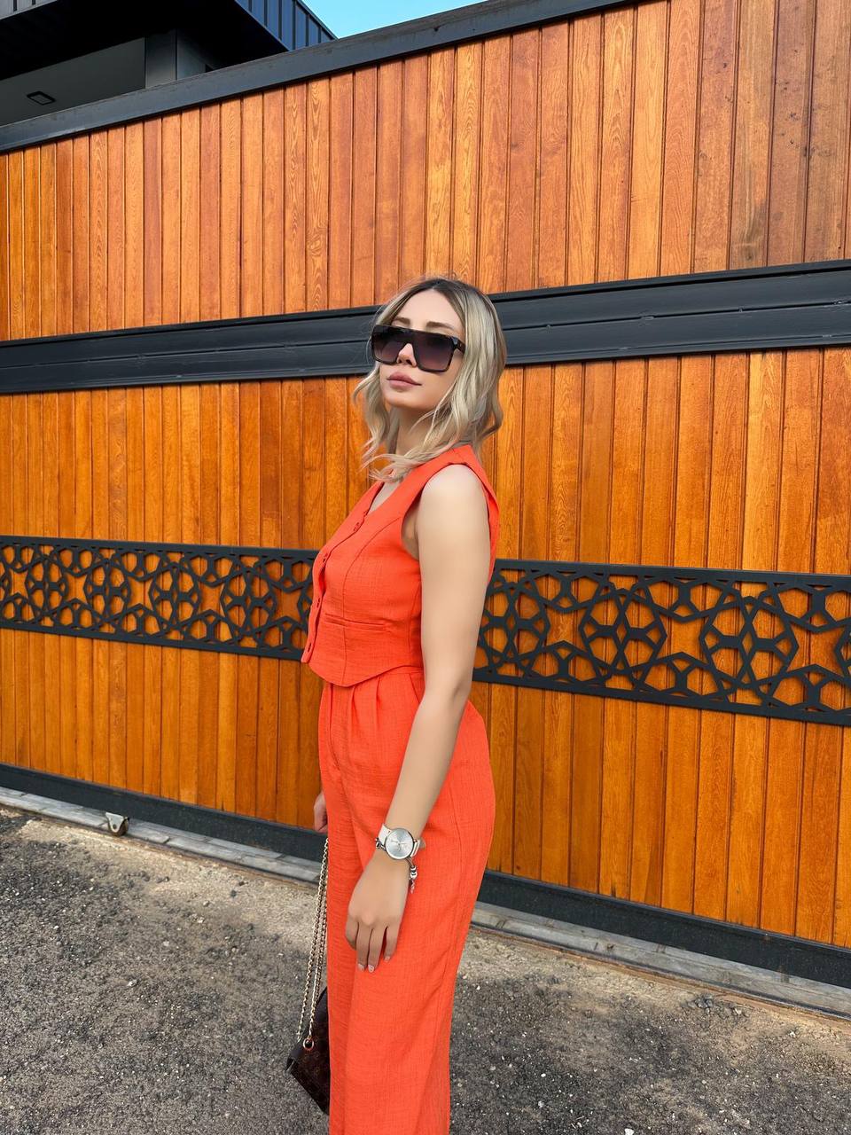 Women Sleeveless Top Long Pants Set Button Closure Wide Leg Summer Sleeveless 2 Piece Outfit Soft Polyester V Neck Casual Outing Outfits - TK00061