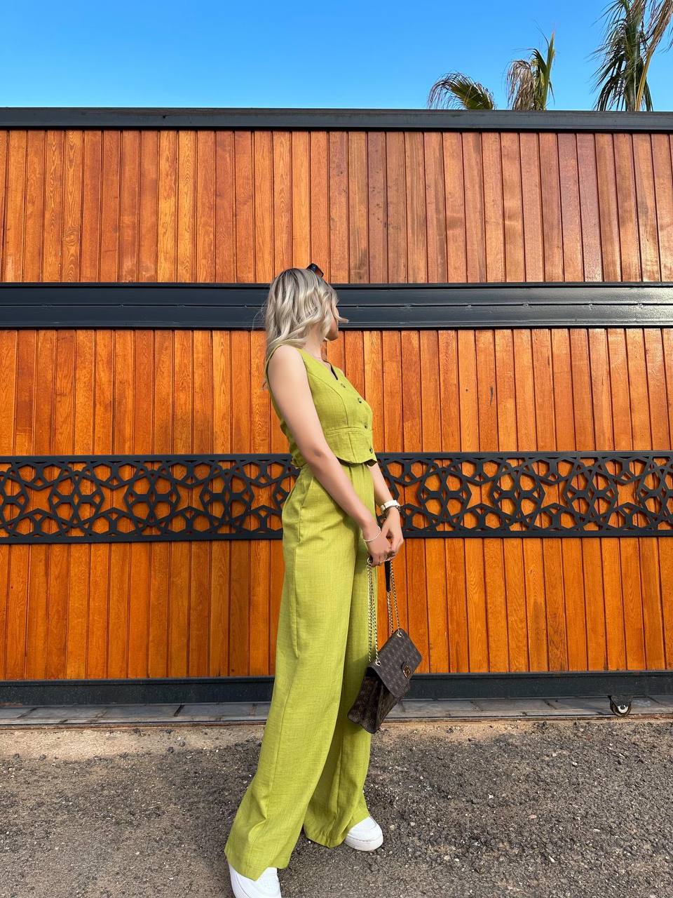 Women Sleeveless Top Long Pants Set Button Closure Wide Leg Summer Sleeveless 2 Piece Outfit Soft Polyester V Neck Casual Outing Outfits - TK00061
