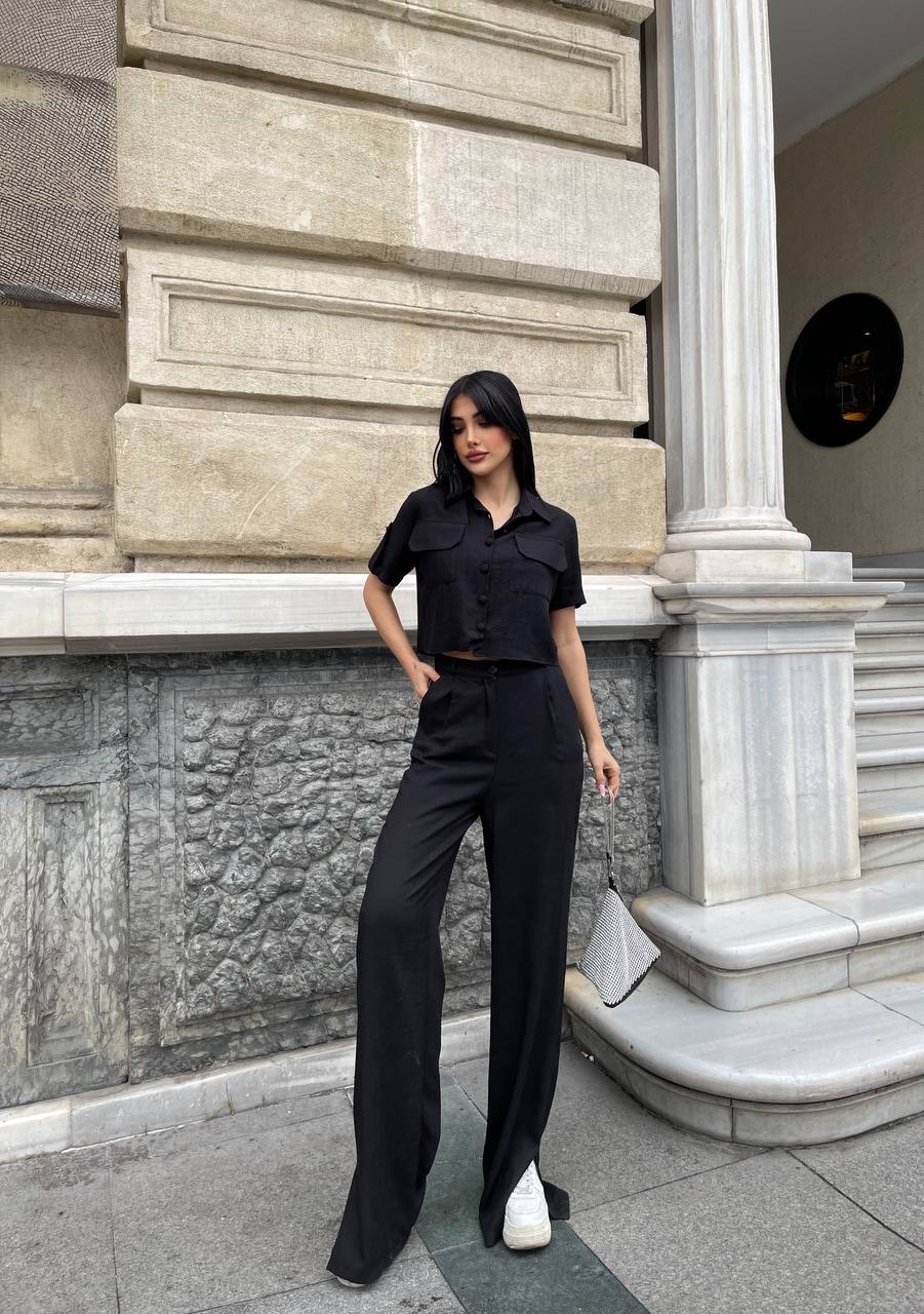 LINEN FABRIC CROP SHIRT, STRAPPED BACK BUSTIER AND PALAZZO TROUSERS THREE-Piece SET - TK00069