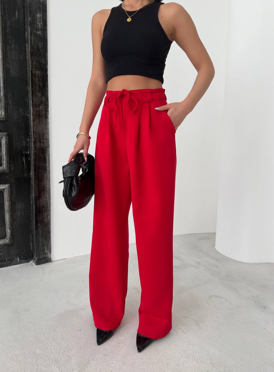 Women's Red Elastic Waist Palazzo Pants - P00082