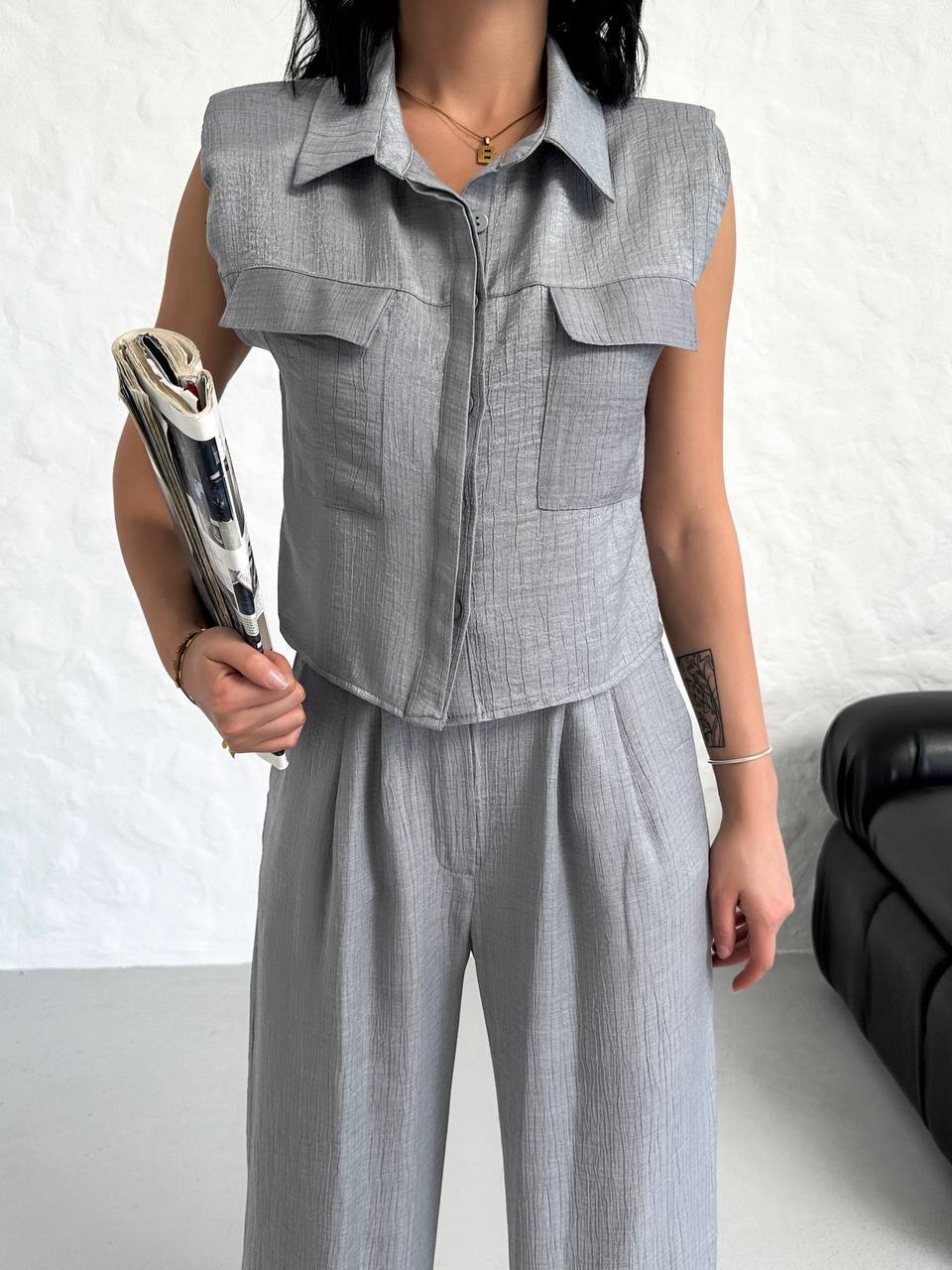 shiny suit with pocket detail-shirt-trousers - TK00054