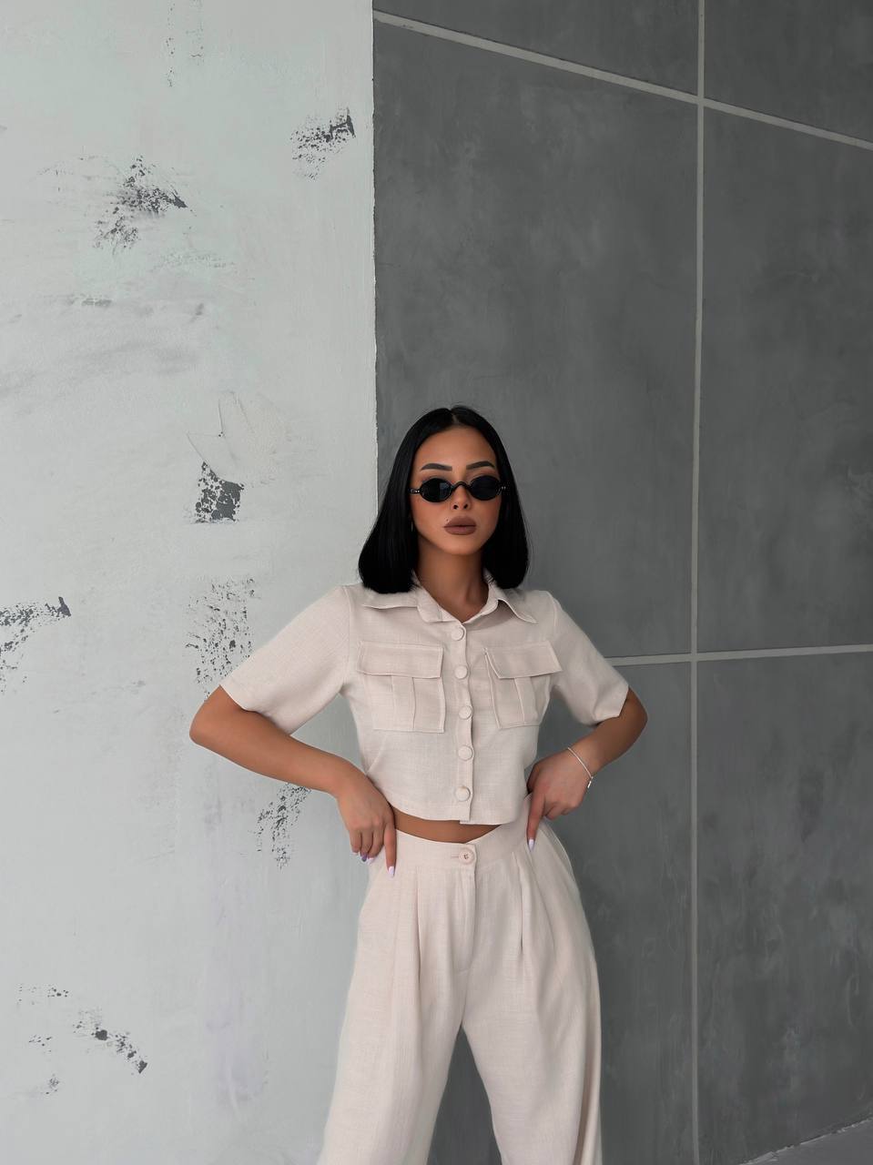 Women's Button Detailed Capped Pant Suit - TK00062