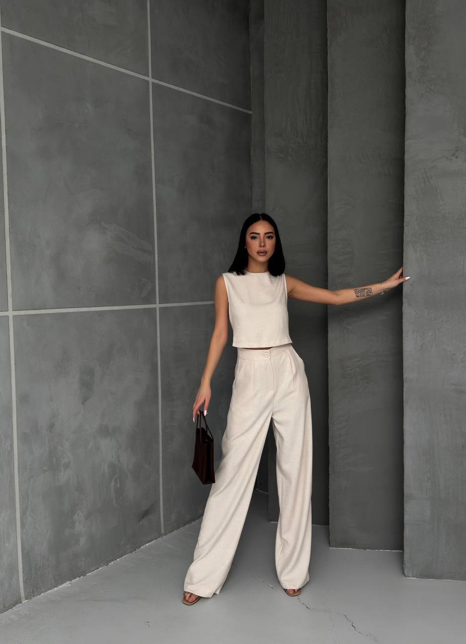 Linen Sleeveless Crop Trousers Set - TK00068