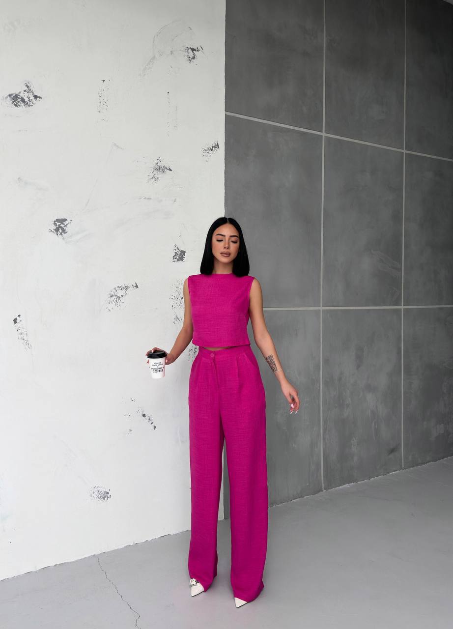 Linen Sleeveless Crop Trousers Set - TK00068