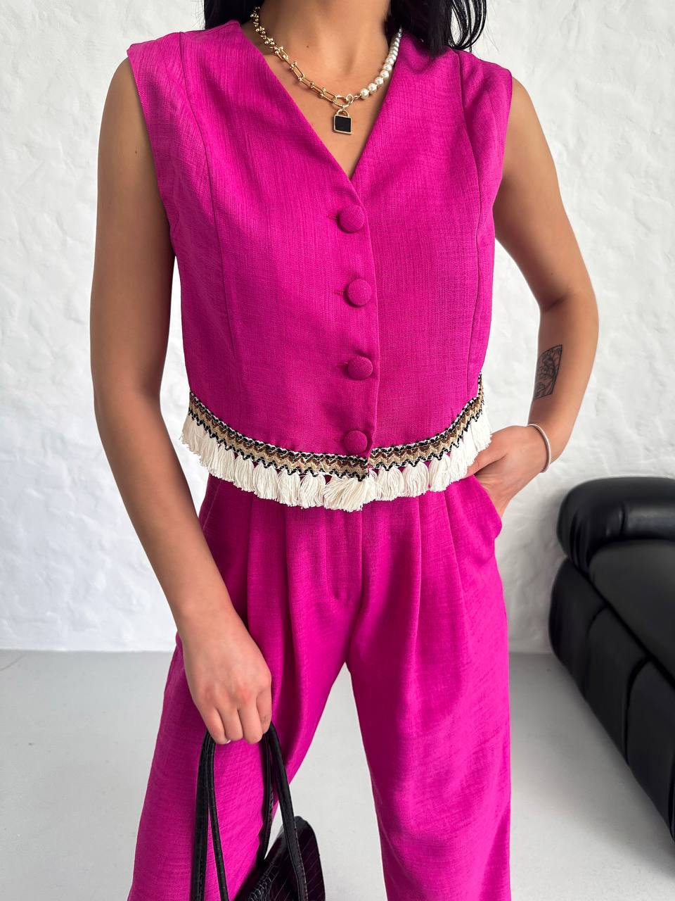 Women's Vest Tassel Detailed Linen Double Suit - TK00055