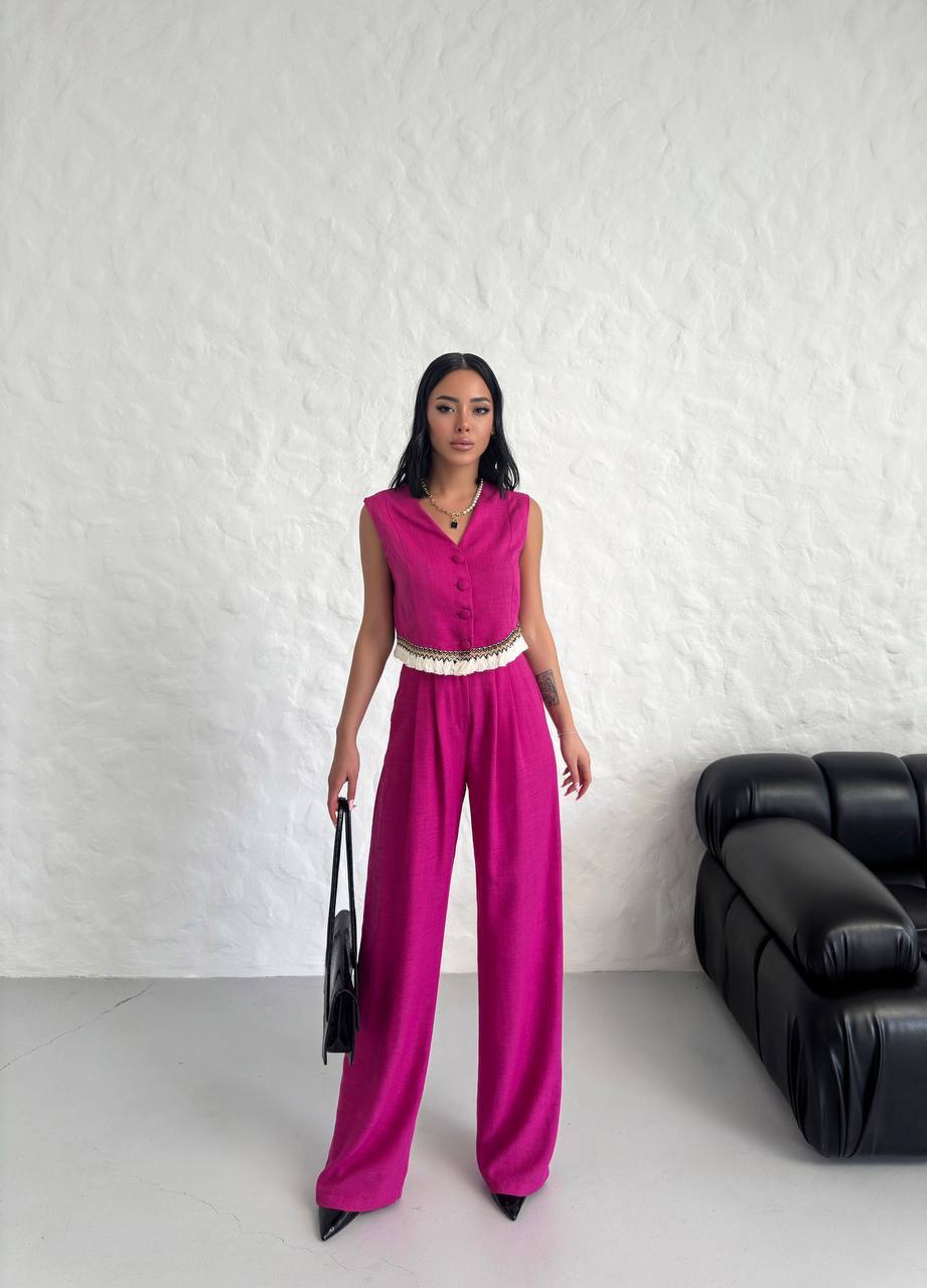 Women's Vest Tassel Detailed Linen Double Suit - TK00055