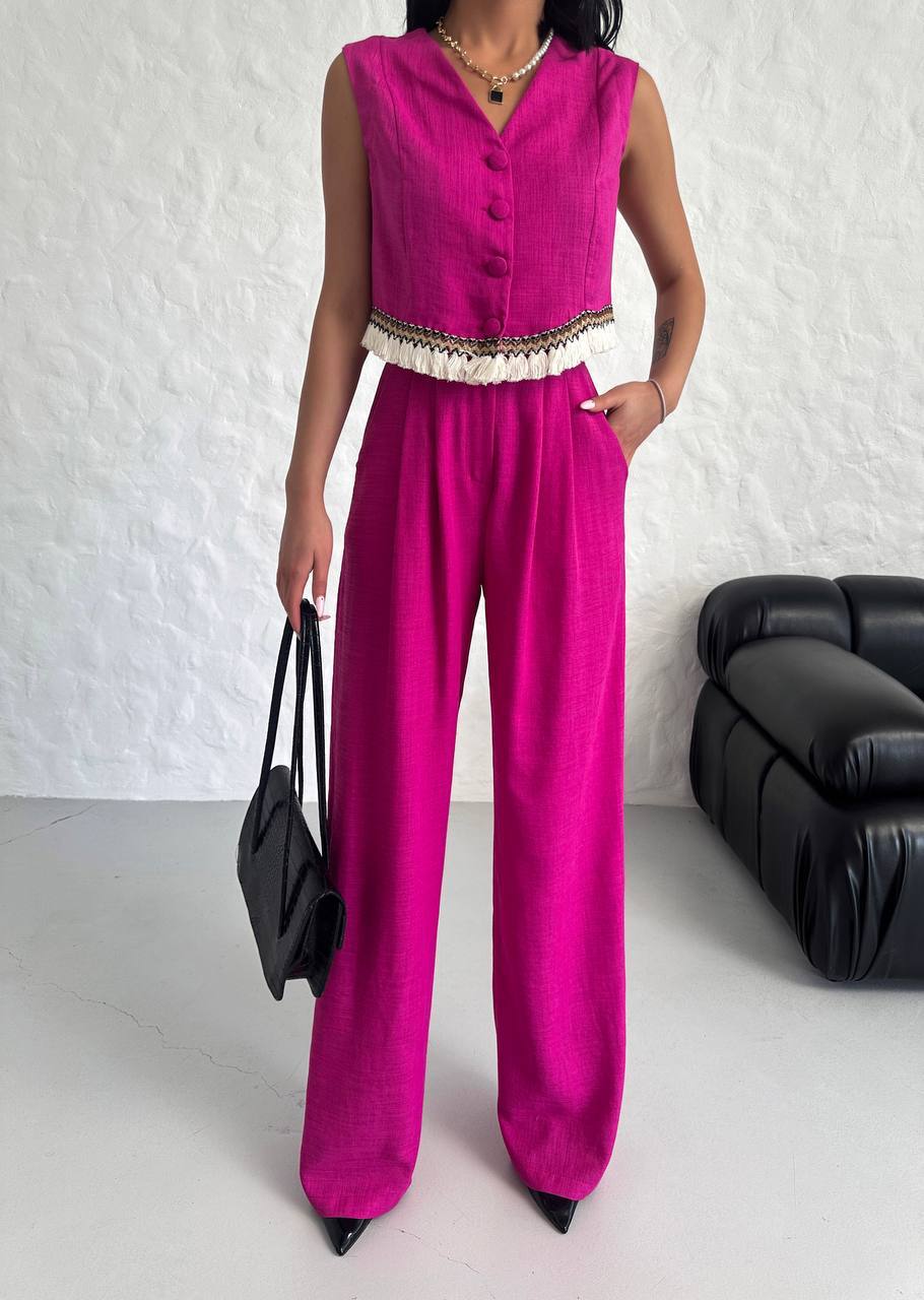 Women's Vest Tassel Detailed Linen Double Suit - TK00055