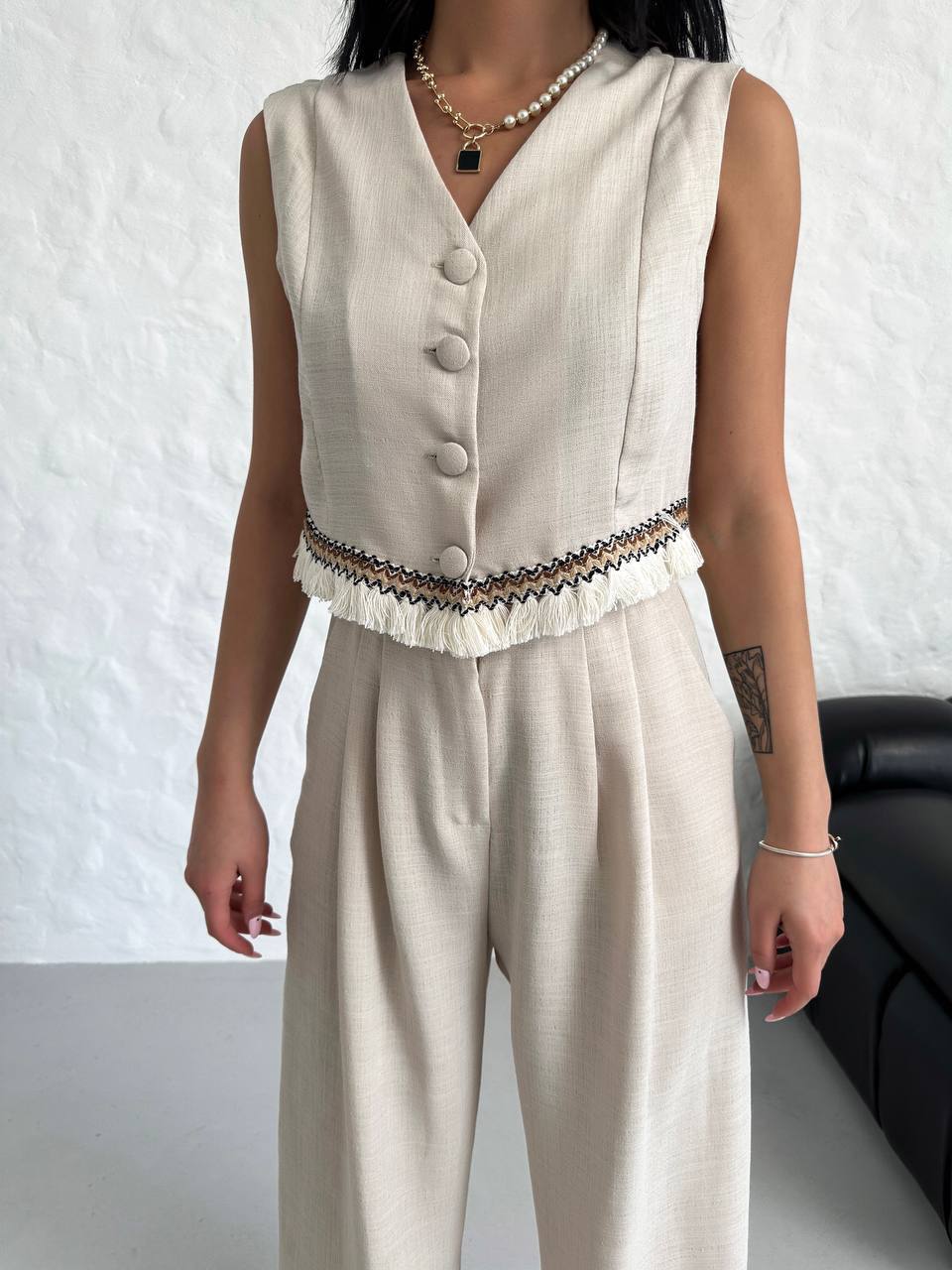 Women's Vest Tassel Detailed Linen Double Suit - TK00055