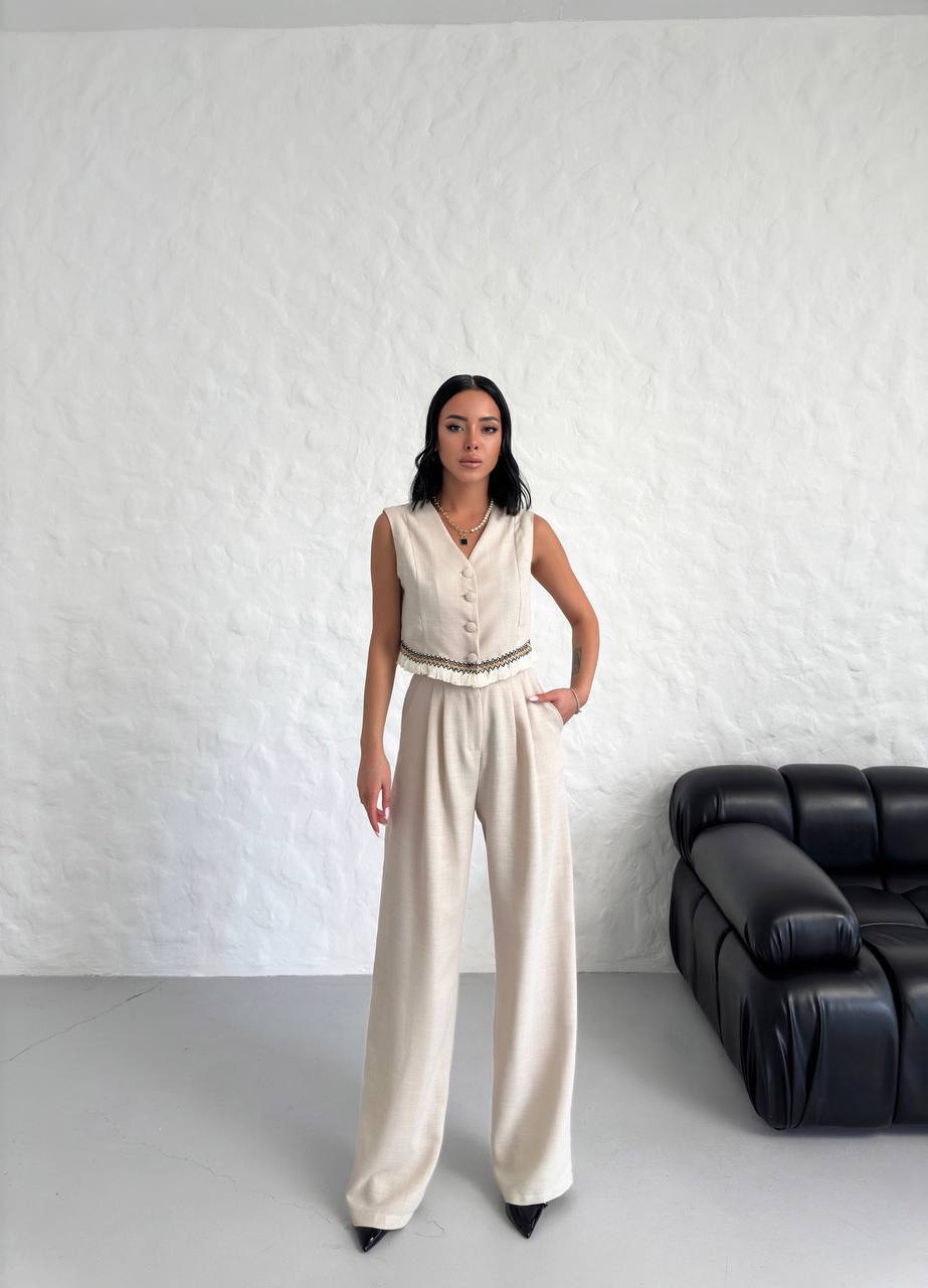Women's Vest Tassel Detailed Linen Double Suit - TK00055
