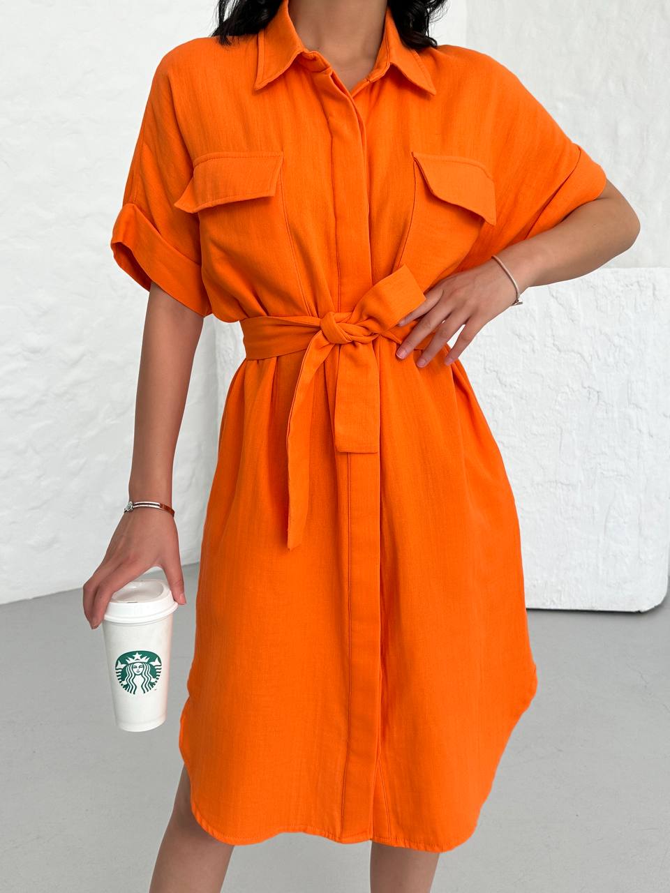 Belted Muslin Short Dress with Front Pockets - 00128
