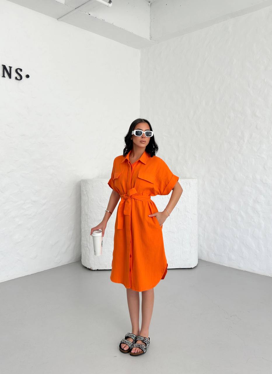 Belted Muslin Short Dress with Front Pockets - 00128