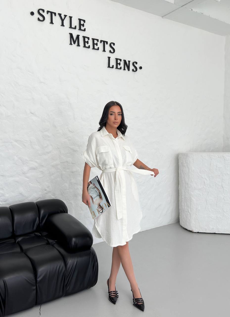 Belted Muslin Short Dress with Front Pockets - 00128