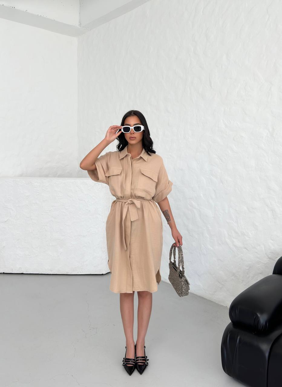 Belted Muslin Short Dress with Front Pockets - 00128