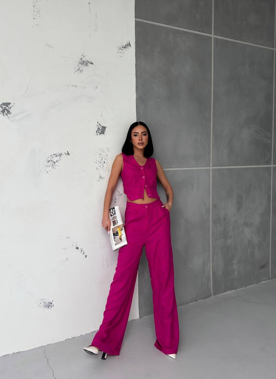 Women Sleeveless Top Long Pants Set Button Closure Wide Leg Summer Sleeveless 2 Piece Outfit Soft Polyester V Neck Casual Outing Outfits - TK00061