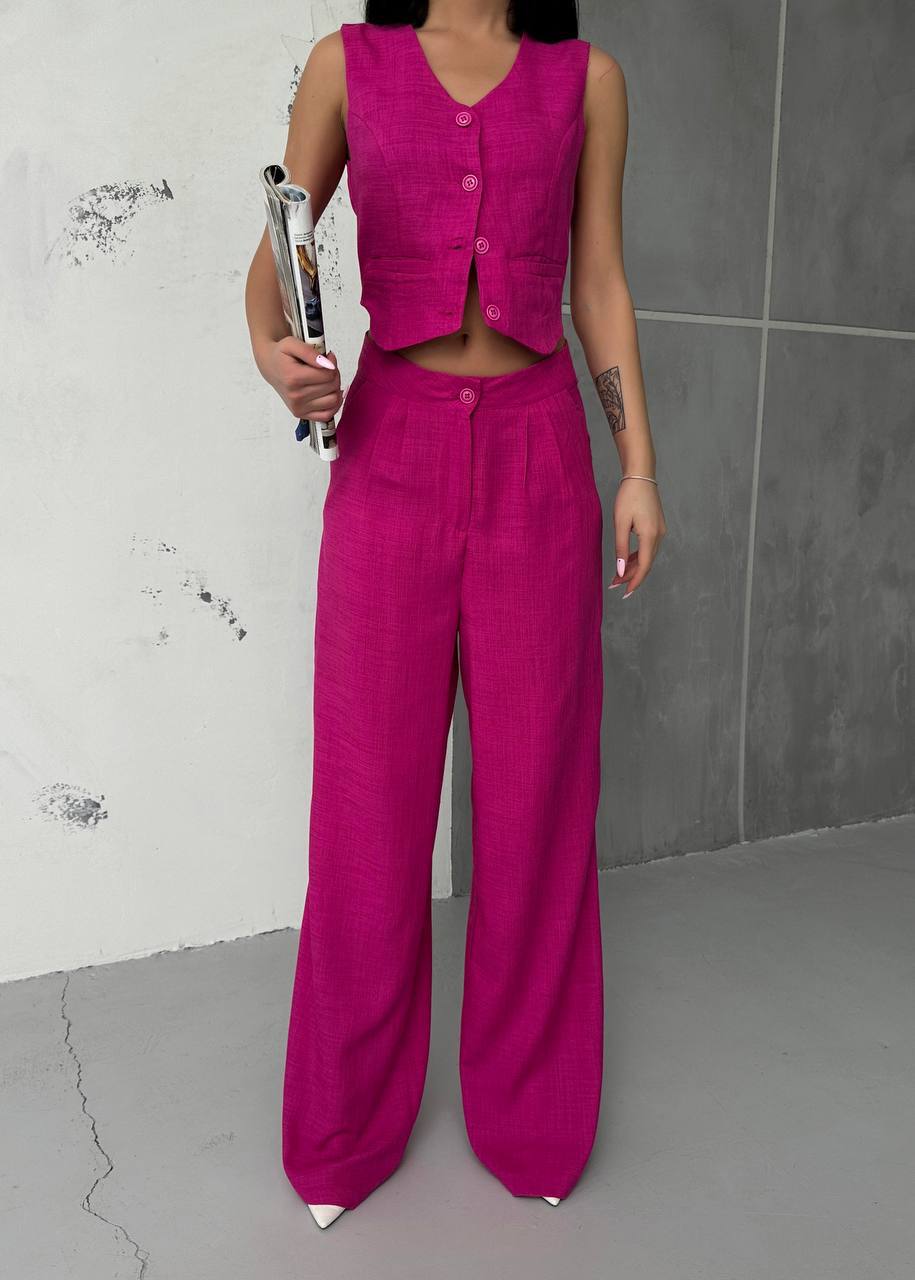 Women Sleeveless Top Long Pants Set Button Closure Wide Leg Summer Sleeveless 2 Piece Outfit Soft Polyester V Neck Casual Outing Outfits - TK00061