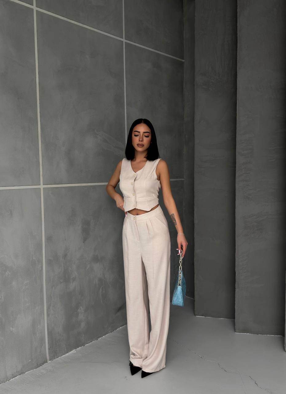 Women Sleeveless Top Long Pants Set Button Closure Wide Leg Summer Sleeveless 2 Piece Outfit Soft Polyester V Neck Casual Outing Outfits - TK00061