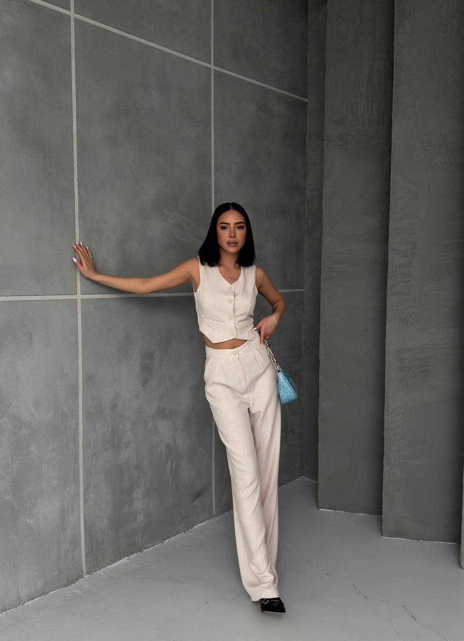 Women Sleeveless Top Long Pants Set Button Closure Wide Leg Summer Sleeveless 2 Piece Outfit Soft Polyester V Neck Casual Outing Outfits - TK00061