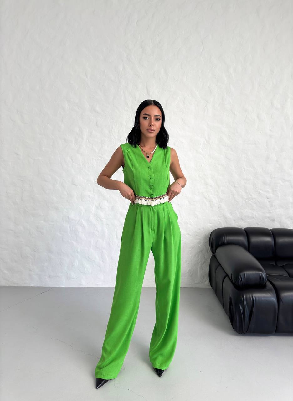 Women's Vest Tassel Detailed Linen Double Suit - TK00055