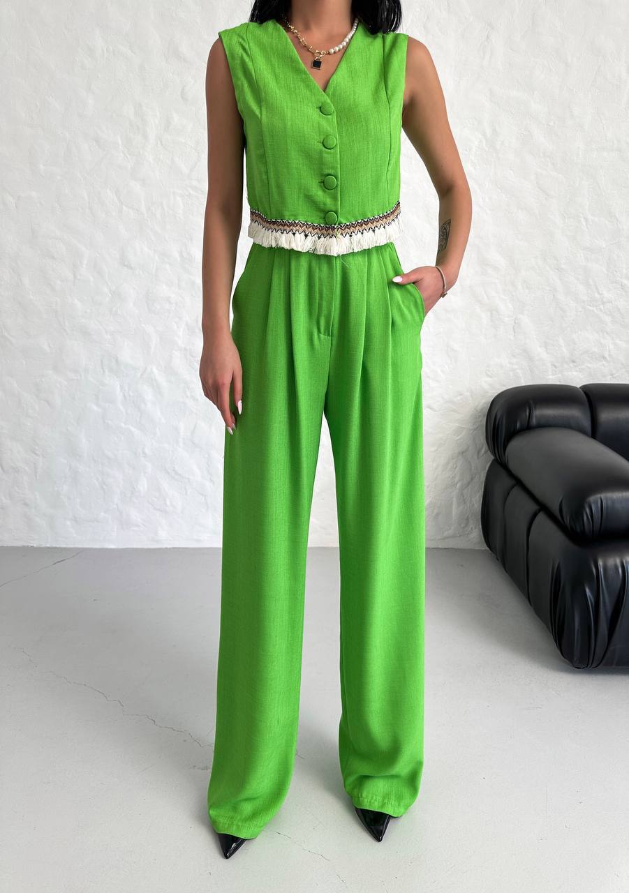 Women's Vest Tassel Detailed Linen Double Suit - TK00055