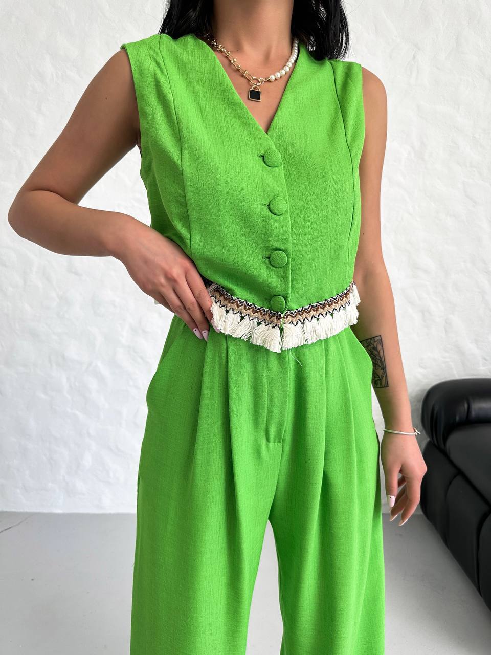 Women's Vest Tassel Detailed Linen Double Suit - TK00055