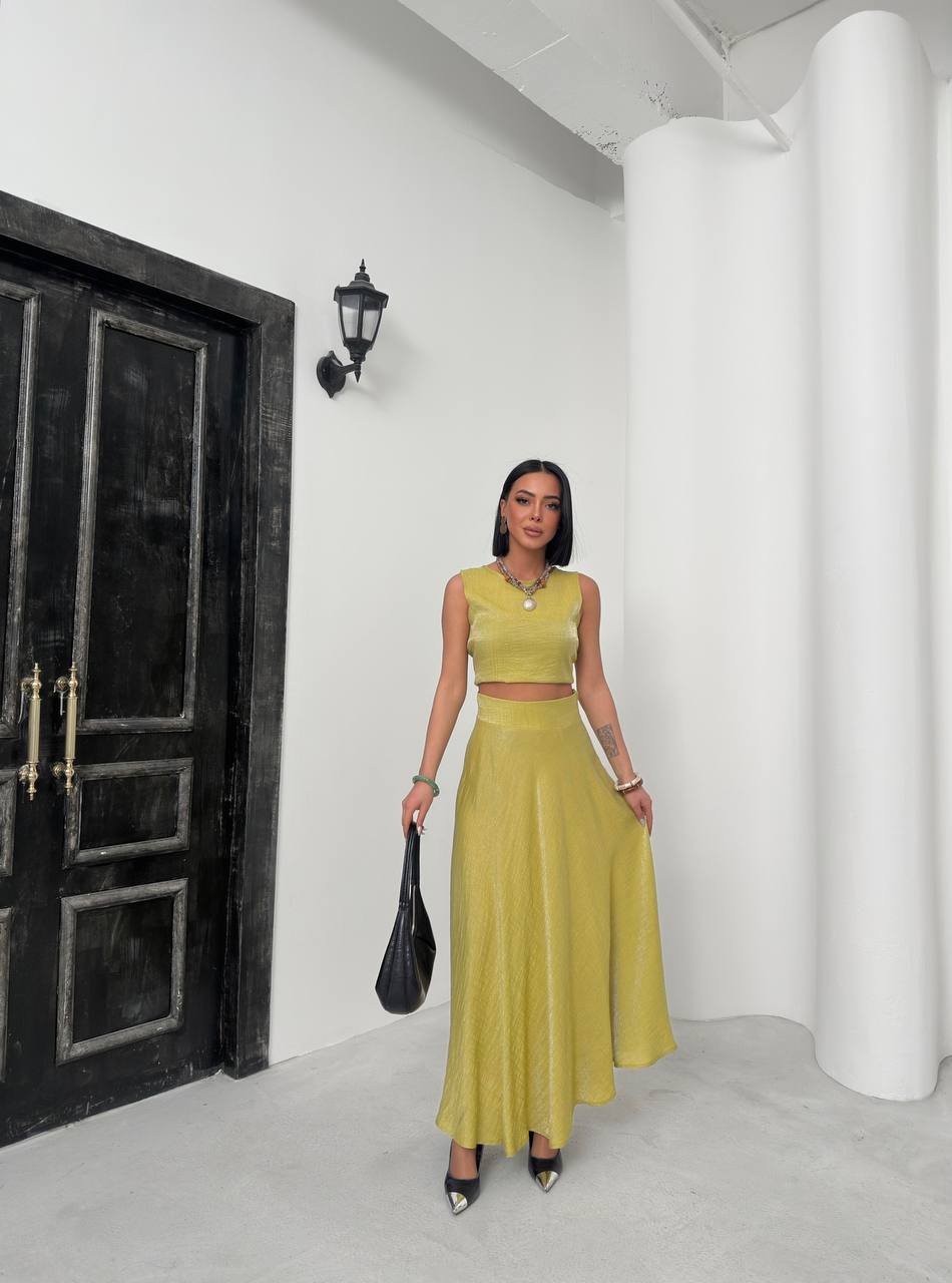 Lurex Modal Fabric Zero Sleeve Round Neck Crop Blouse Flared Skirt Double Suit - TK00049
