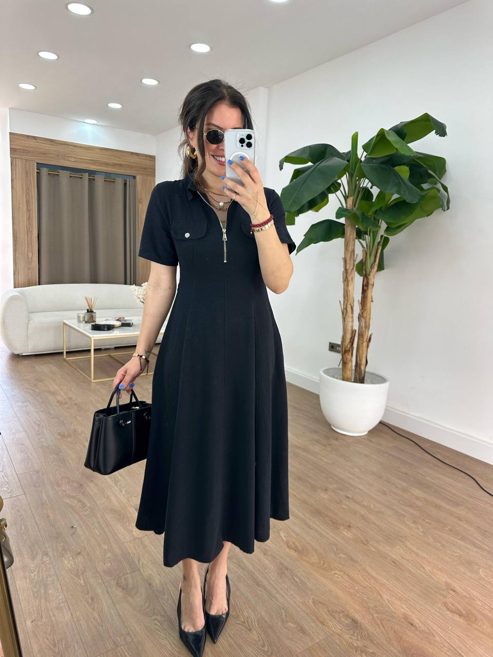 Elegant Polo Midi Dress with Front Zipper - 00142