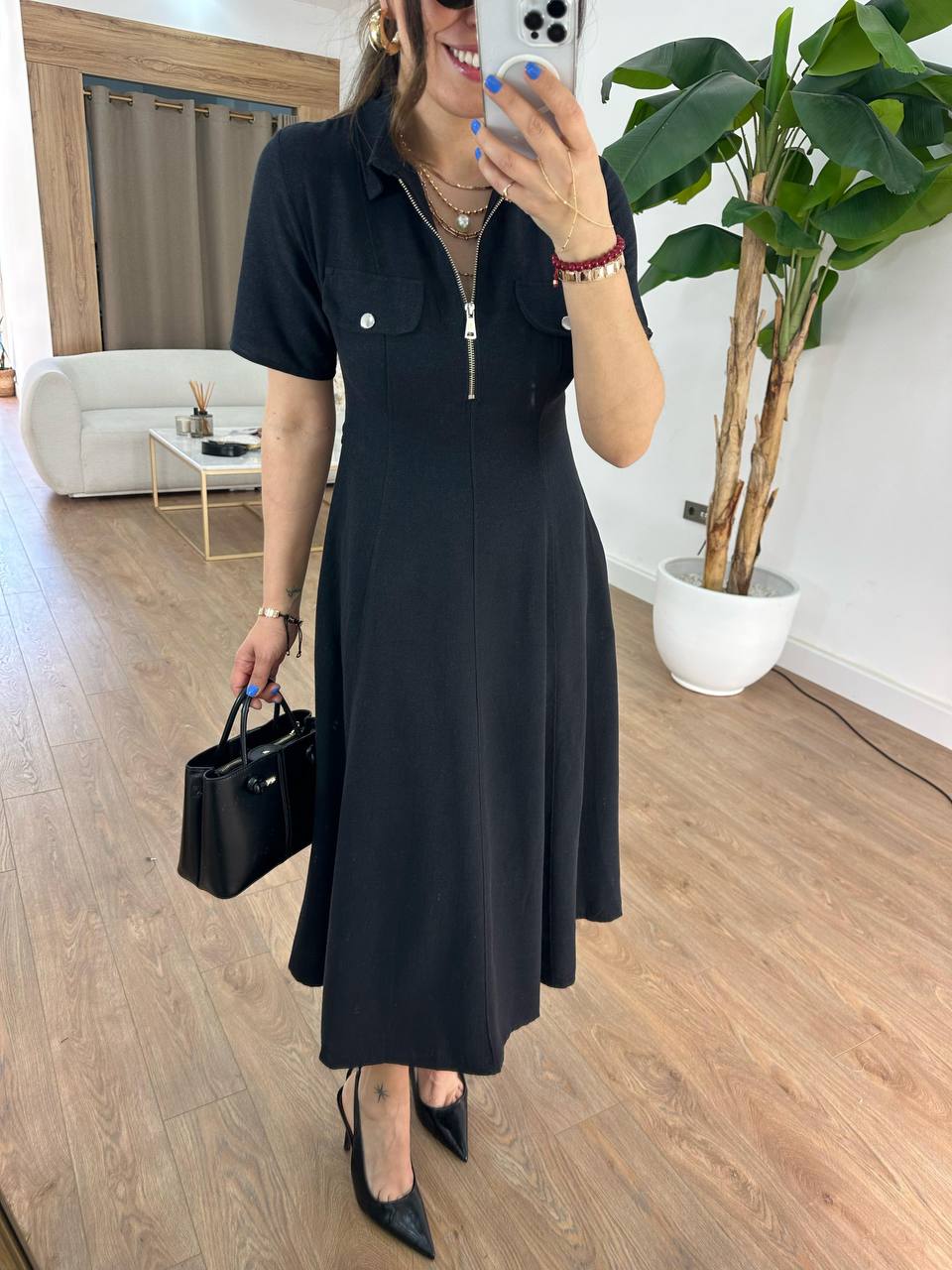 Elegant Polo Midi Dress with Front Zipper - 00142