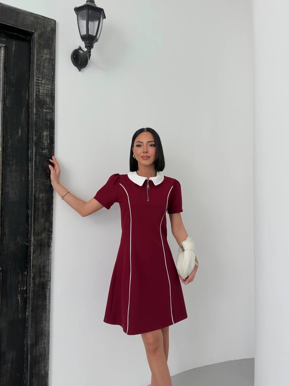Classic Collar Contrast Dress – Available in Beige, Burgundy, and White - 00130