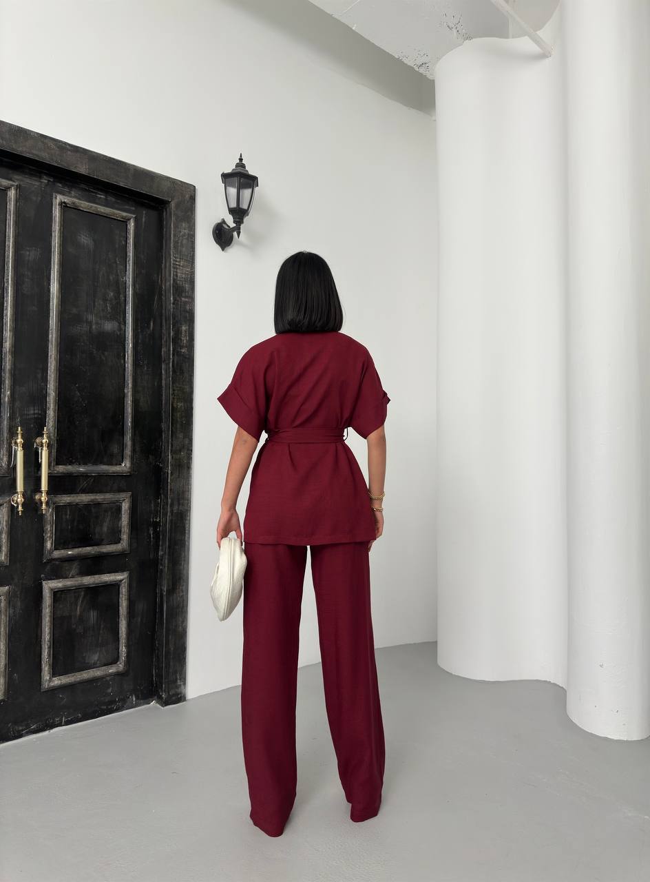 Women's Linen Set - Burgundy - TK00088