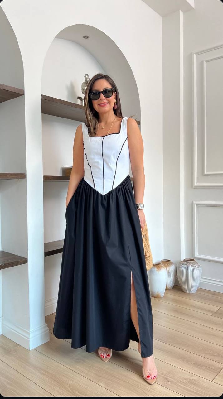Elena Contrast Panel Maxi Dress - 00146