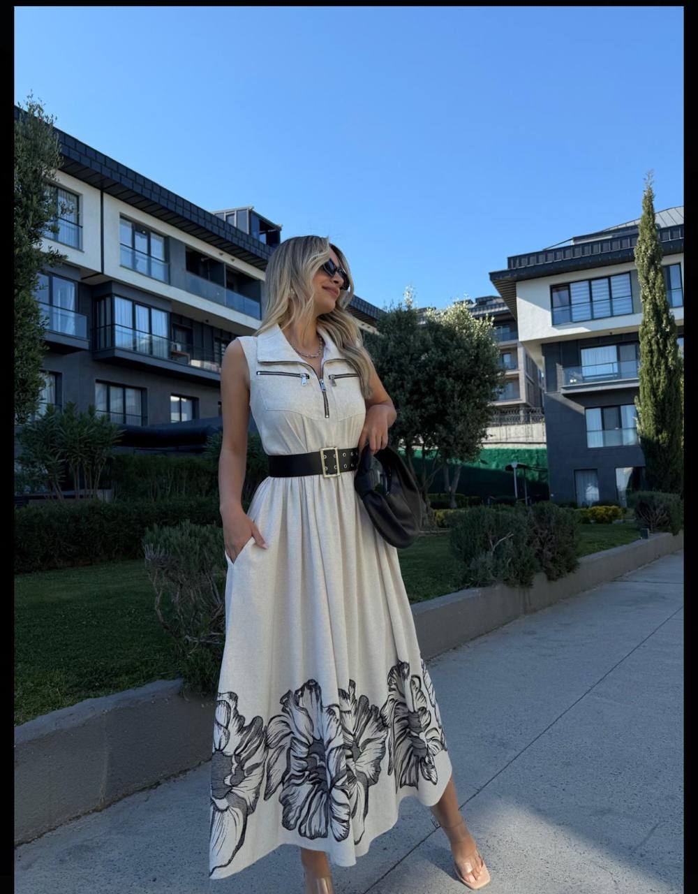 Floral Zip-Up Maxi Dress with Waist Belt - 00143