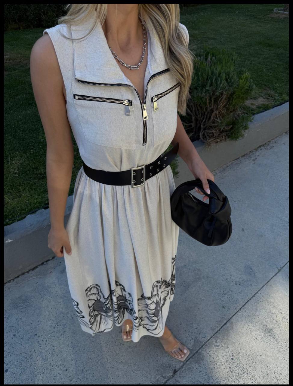 Floral Zip-Up Maxi Dress with Waist Belt - 00143