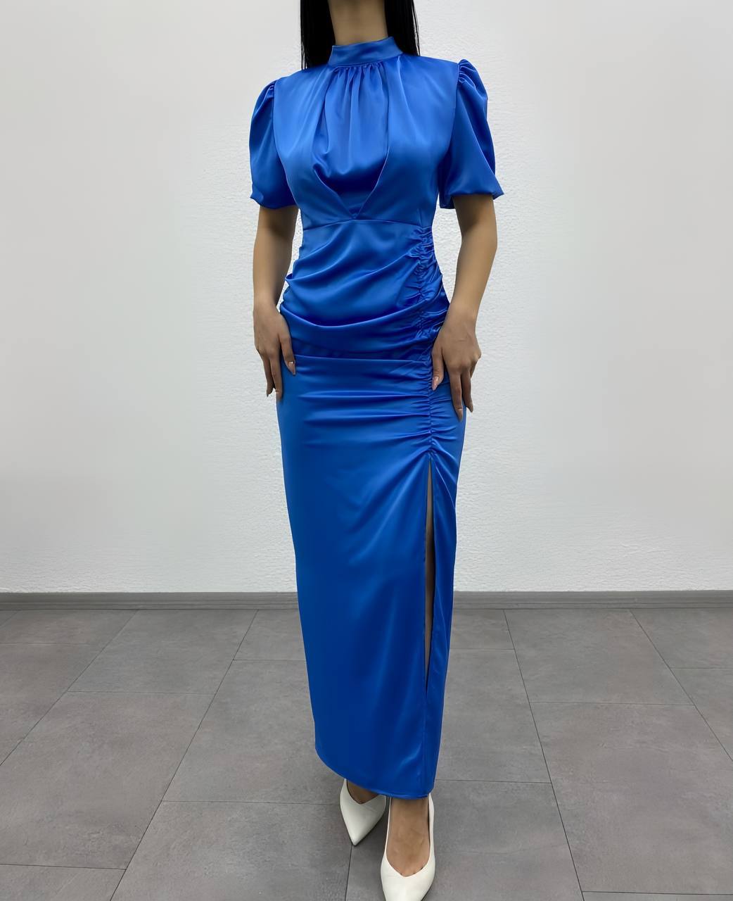 Blue Satin Balloon Sleeve Draped Slit Detail Dress - 00002