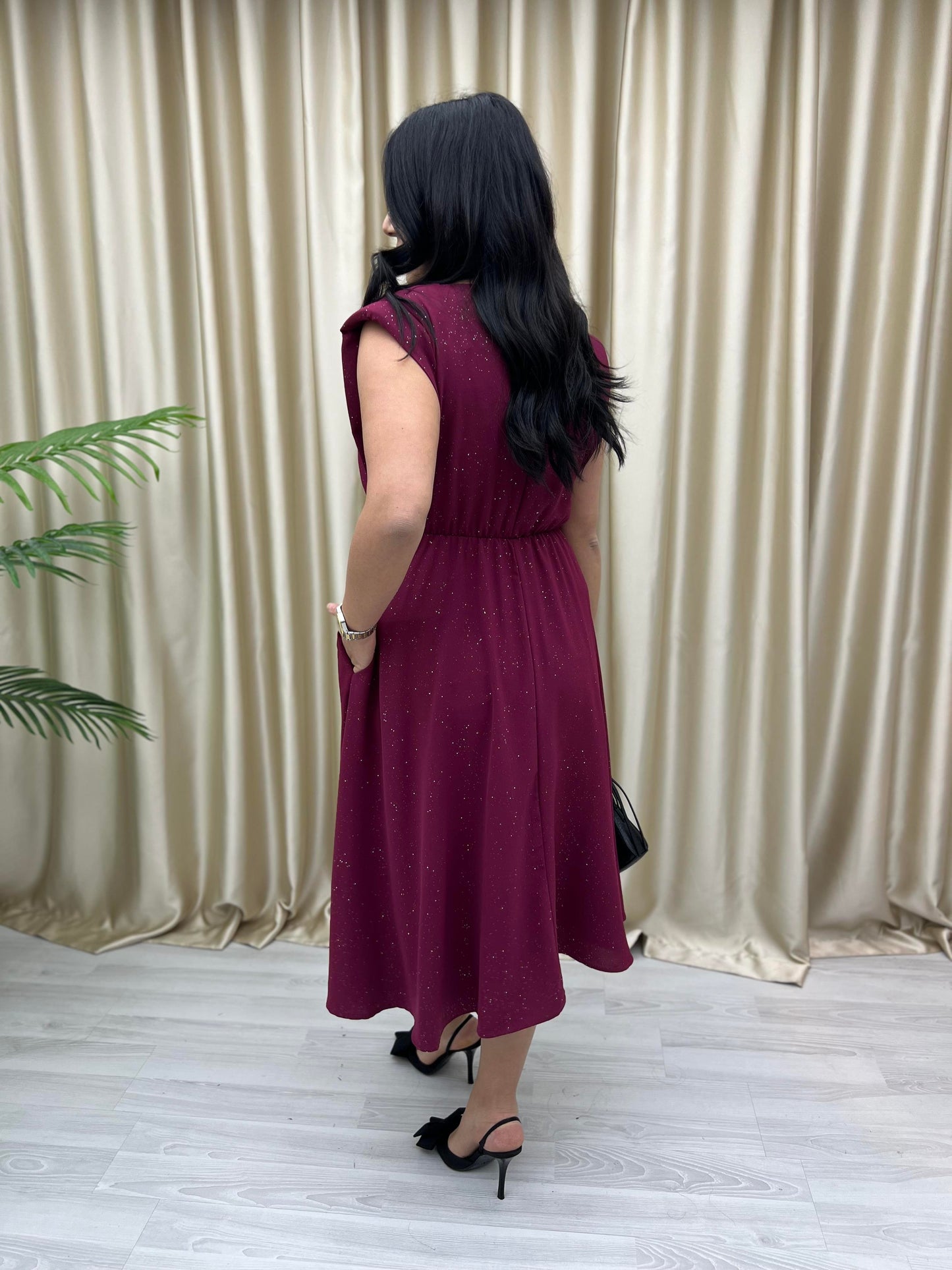 Shimmer Spark Midi Dress – Fuchsia & Black - 00134