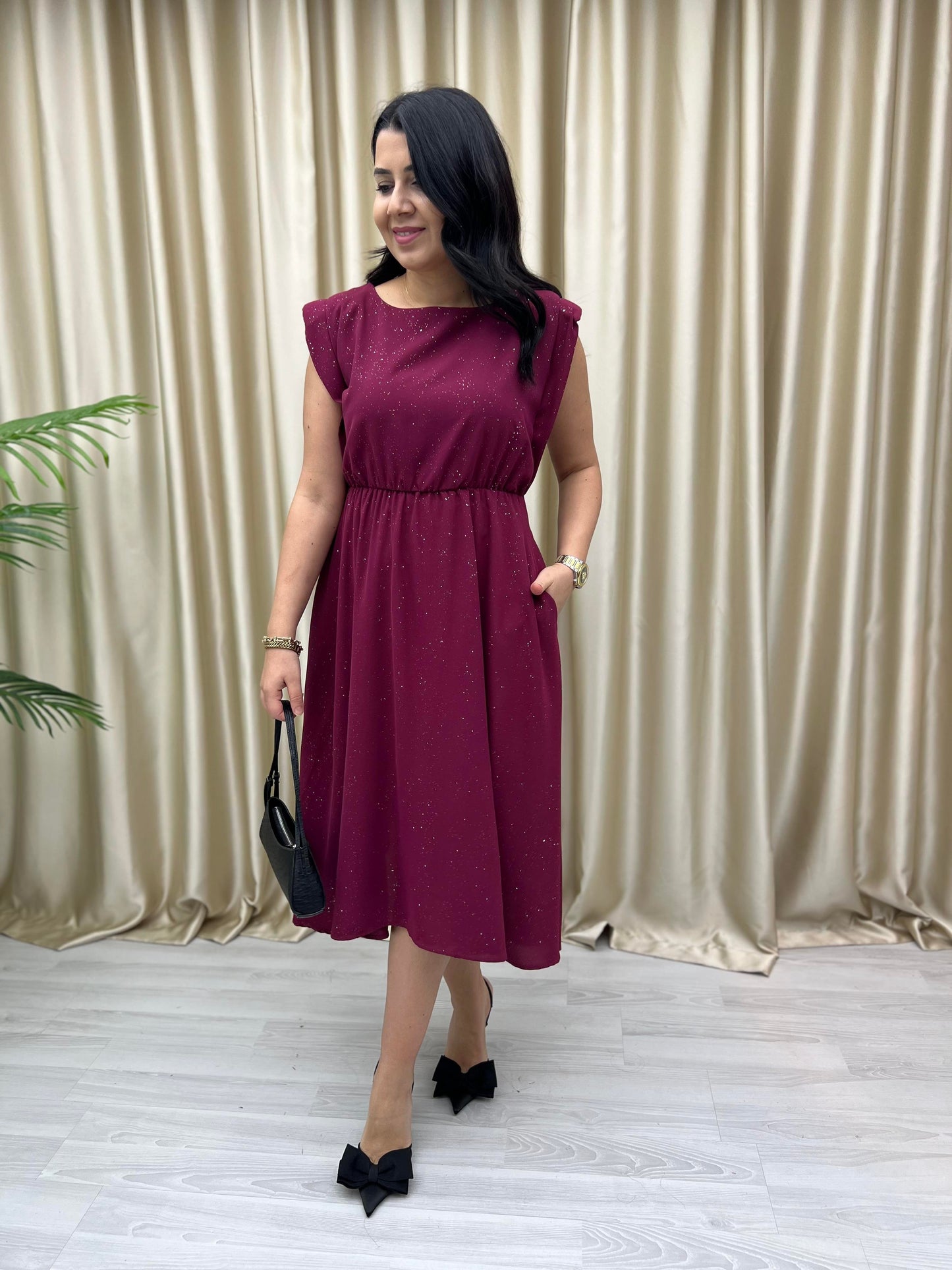Shimmer Spark Midi Dress – Fuchsia & Black - 00134