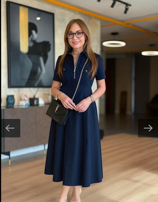 Elegant Zip-Front Midi Shirt Dress - 00140