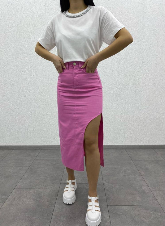 Long Denim Skirt with Side Deep Slit Detail - ET00004