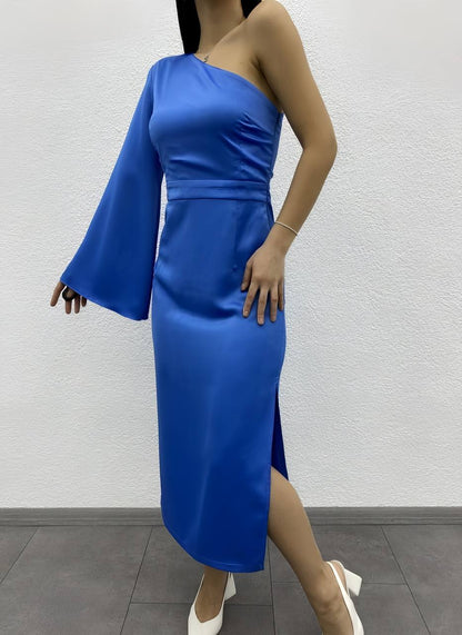 Women's one shoulder long satin dress - 00001