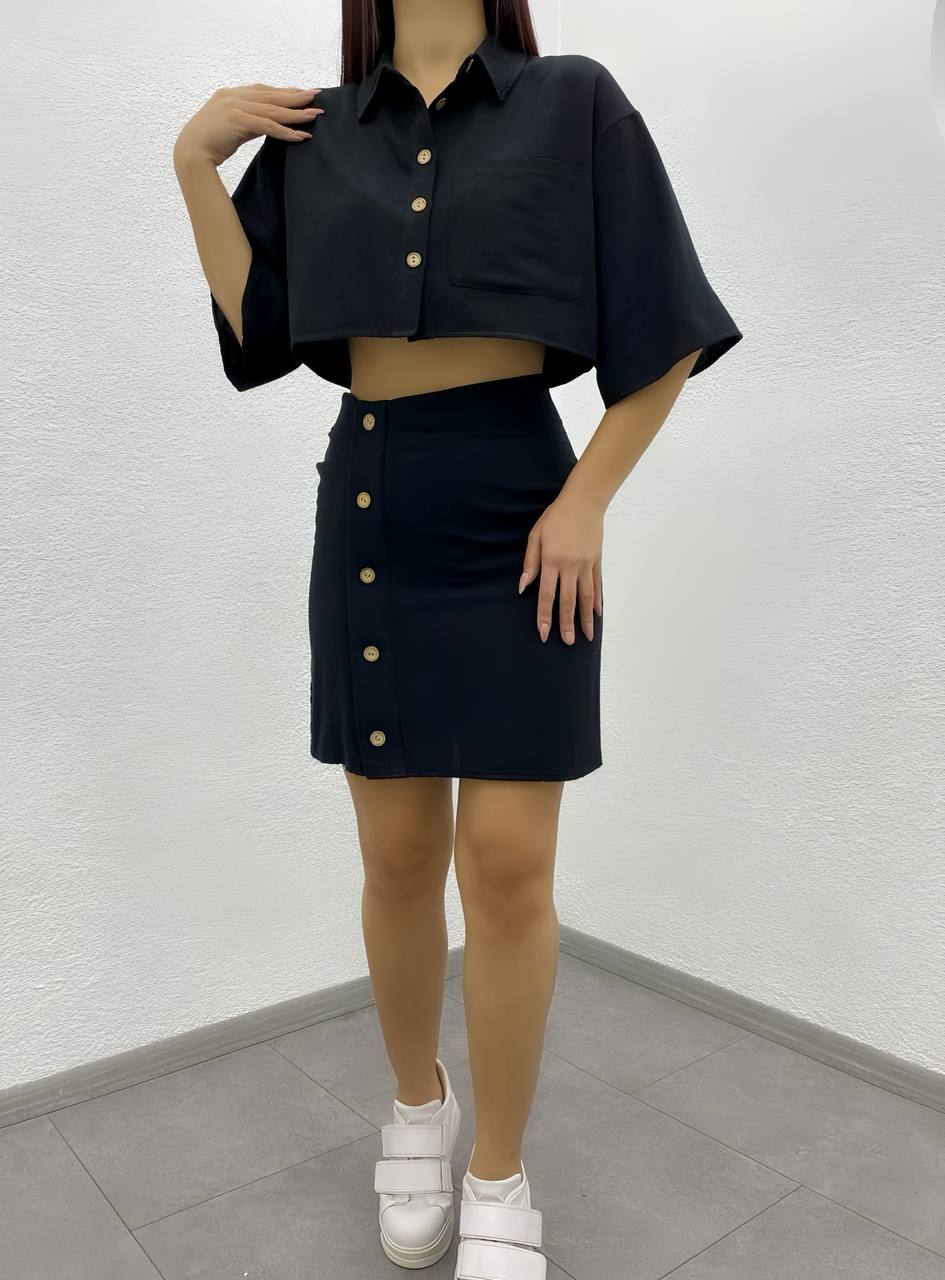 Linen Skirt and Shirt Button Detail Shirt Skirt Set - TK00010