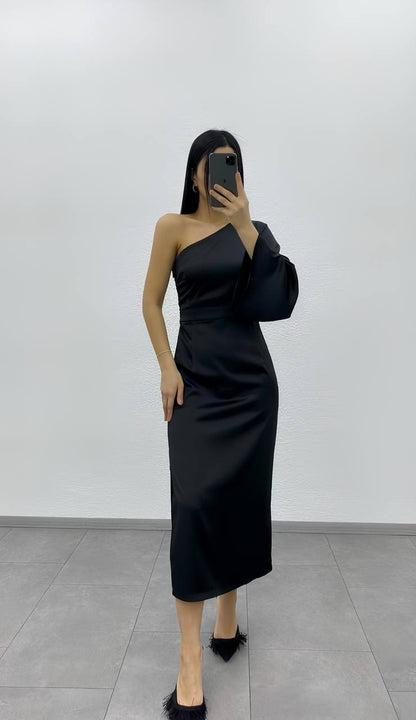 Women's one shoulder long satin dress - 00001