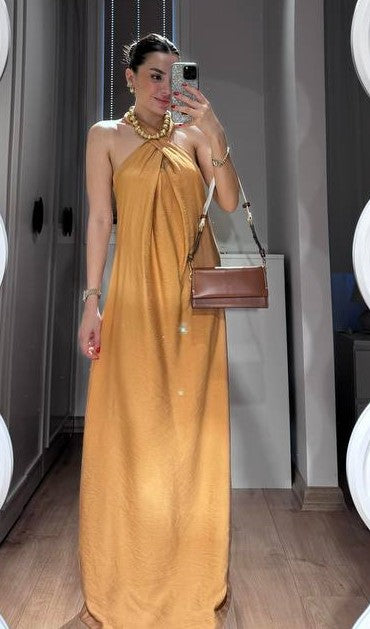 Cream Long Dress with Cross Neck Detail - 00092
