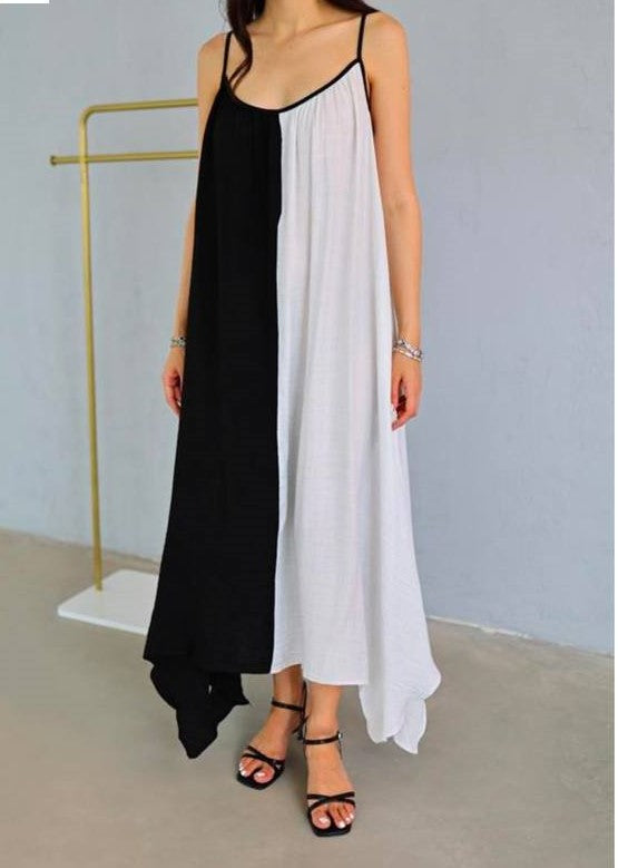 Black and White Long Strappy Thin Summer Dress - 00086