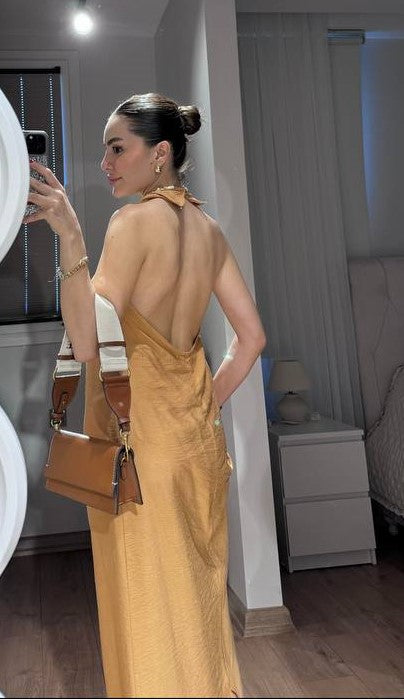 Cream Long Dress with Cross Neck Detail - 00092